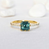 1.55ct Emerald Blue & Green Teal Sapphire Solitaire Ring in 14k Yellow Gold Pave Setting