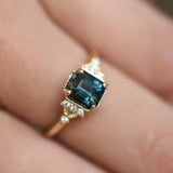 Blueish Green Square Emerald Teal Sapphire Ring