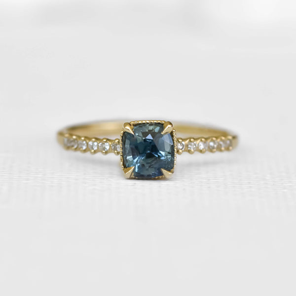 Blue & Green Cushion Teal Sapphire Ring