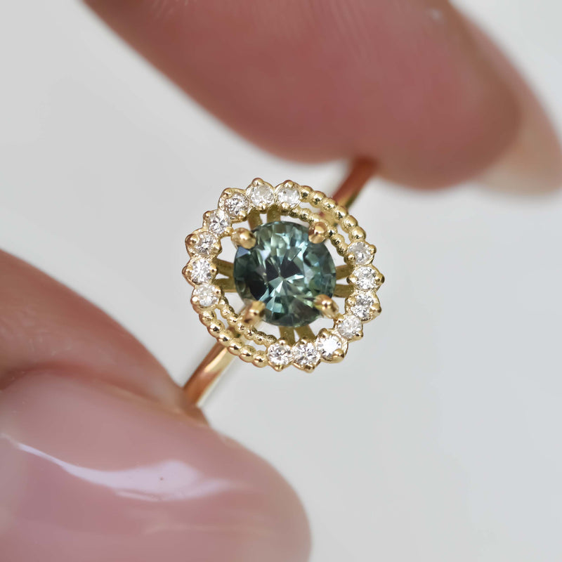 Yellowish Green Oval Boho Halo Sapphire Ring