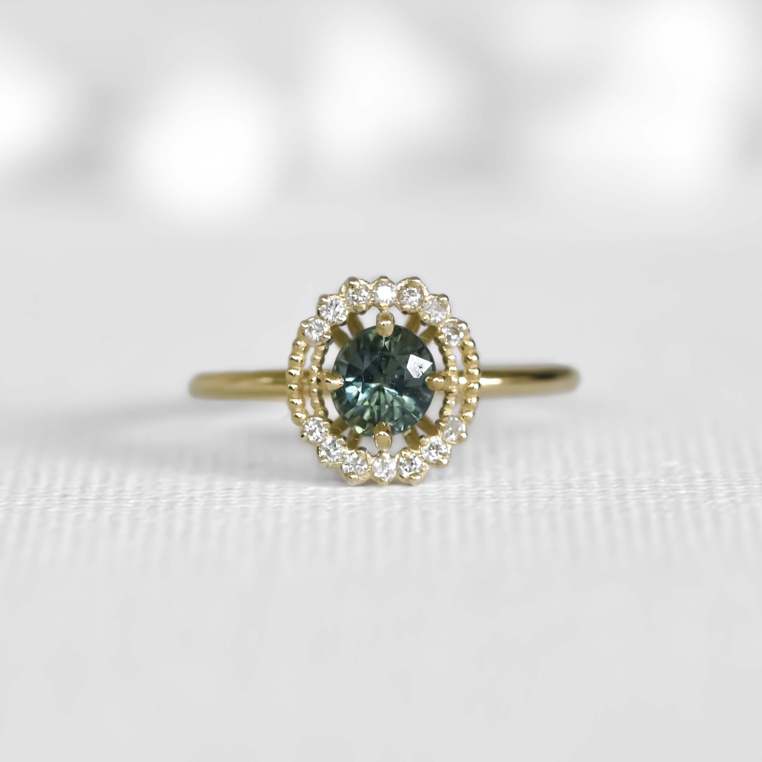Modern Boho Green Oval Halo Sapphire Engagement Ring