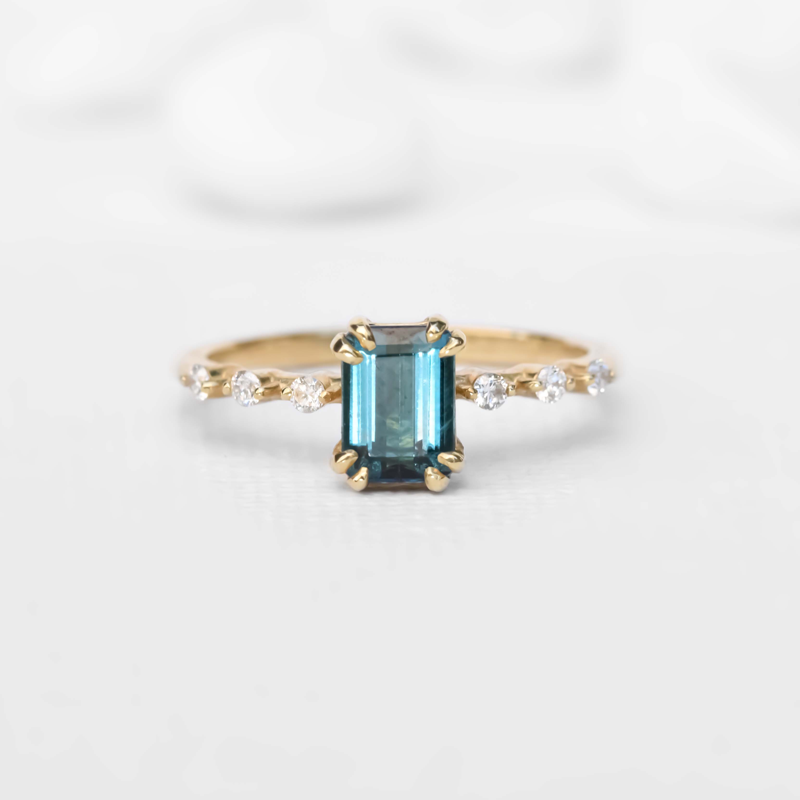  0.9ct Emerald Greenish Blue Tourmaline Ring in 14k Yellow Gold Distance Setting