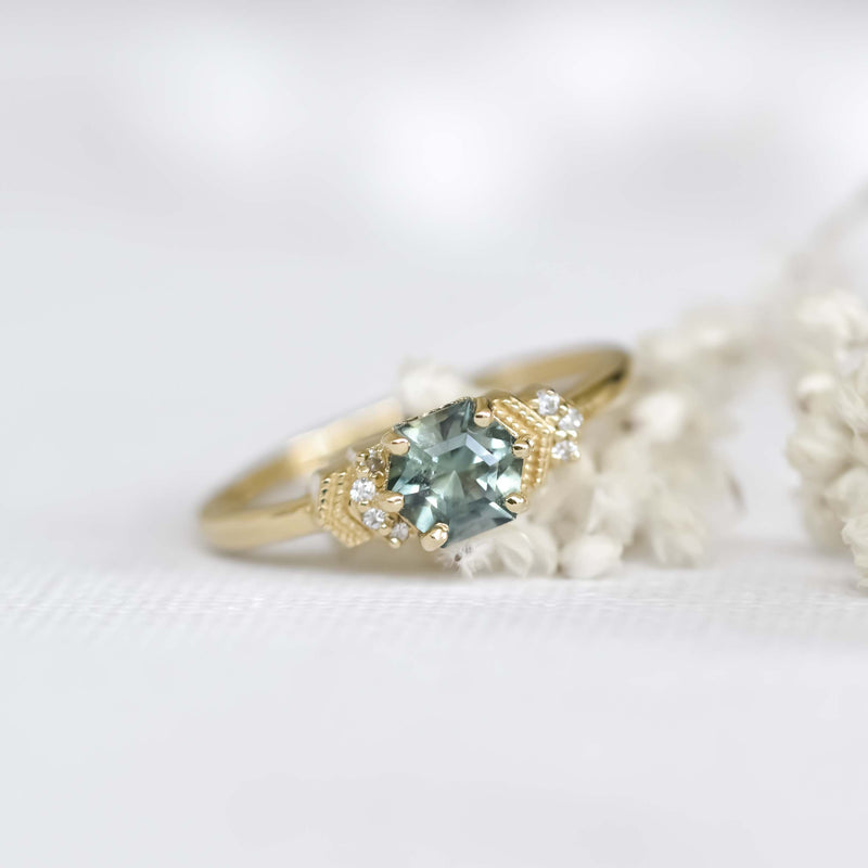 Blueish Green Hexagon Sapphire Ring