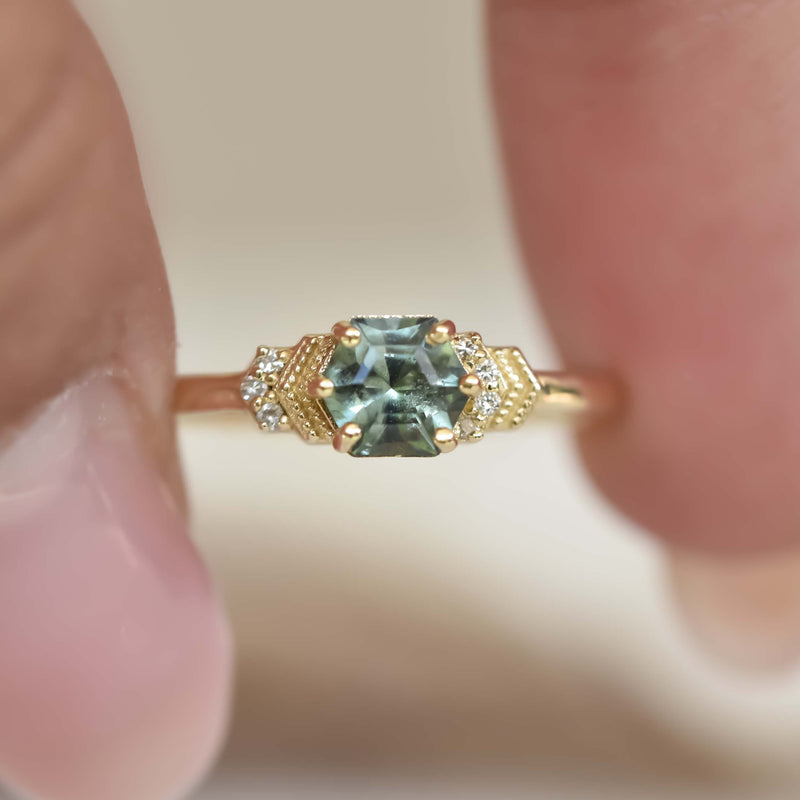 Blueish Green Hexagon Sapphire Ring