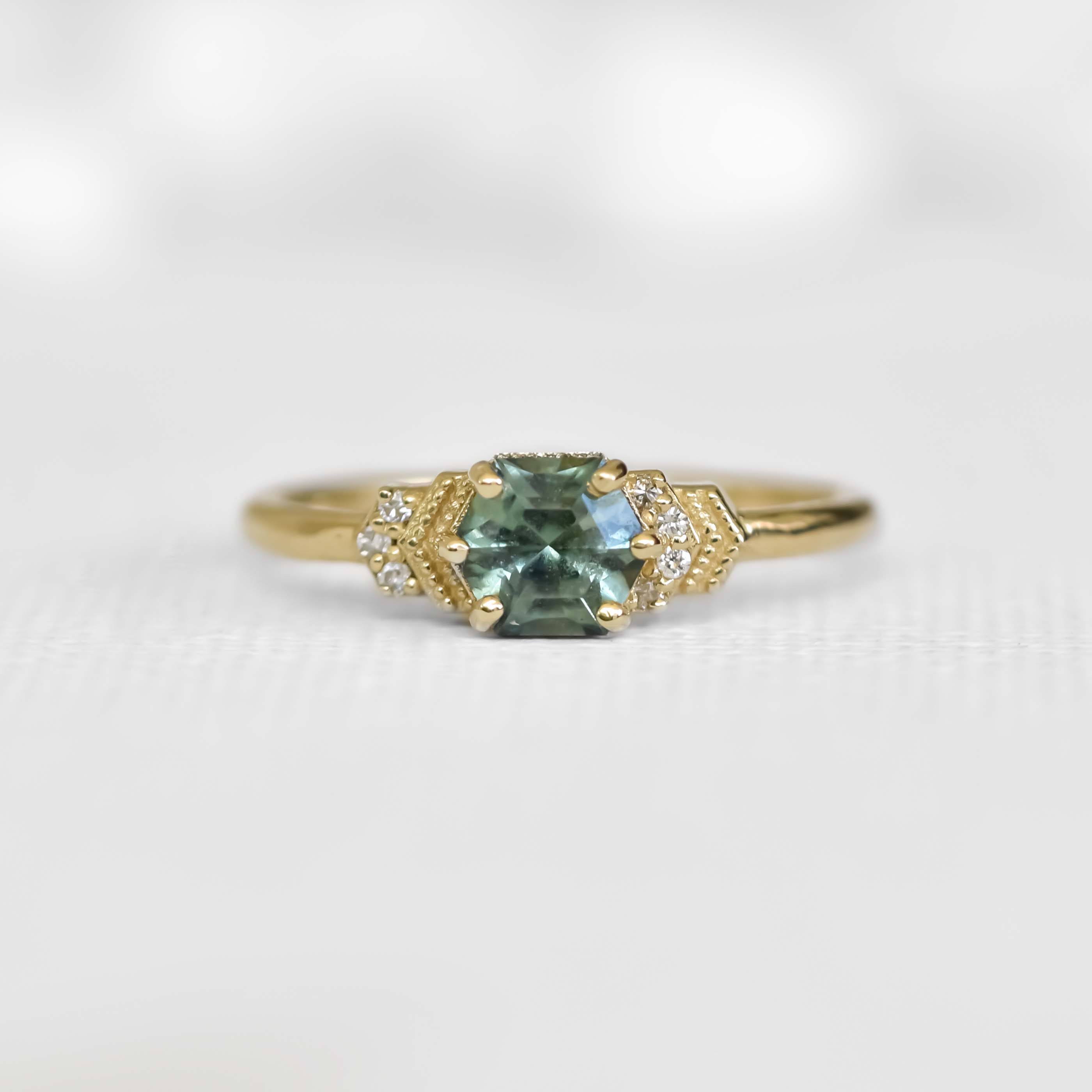 Blueish Green Hexagon Sapphire Ring 