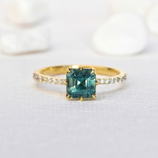 1.55ct Emerald Blue & Green Teal Sapphire Solitaire Ring in 14k Yellow Gold Pave Setting