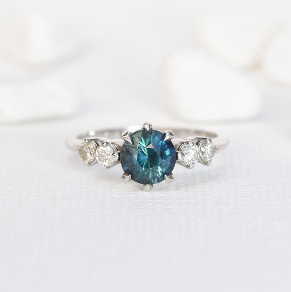 1.32ct Round Blue & Green Teal Sapphire Ring in 14k White Gold 5-Stone Setting