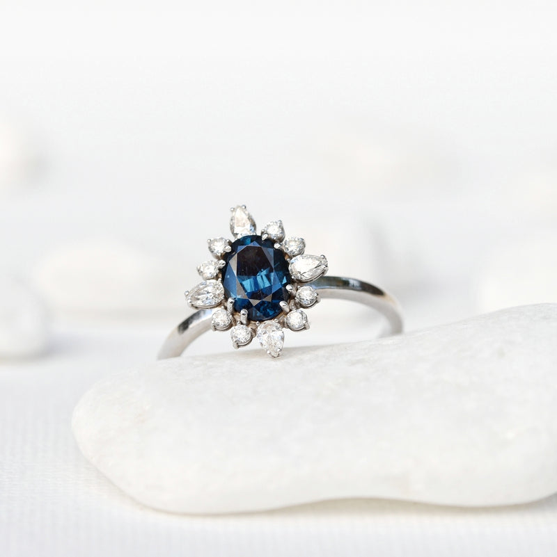 Special Halo Deep Blue Oval Spinel Ring