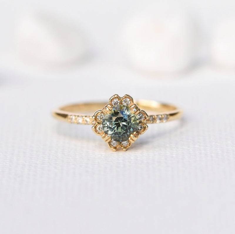 0.8ct Round Green Sapphire Ring in 14k Yellow Gold Flowerish Halo Setting 