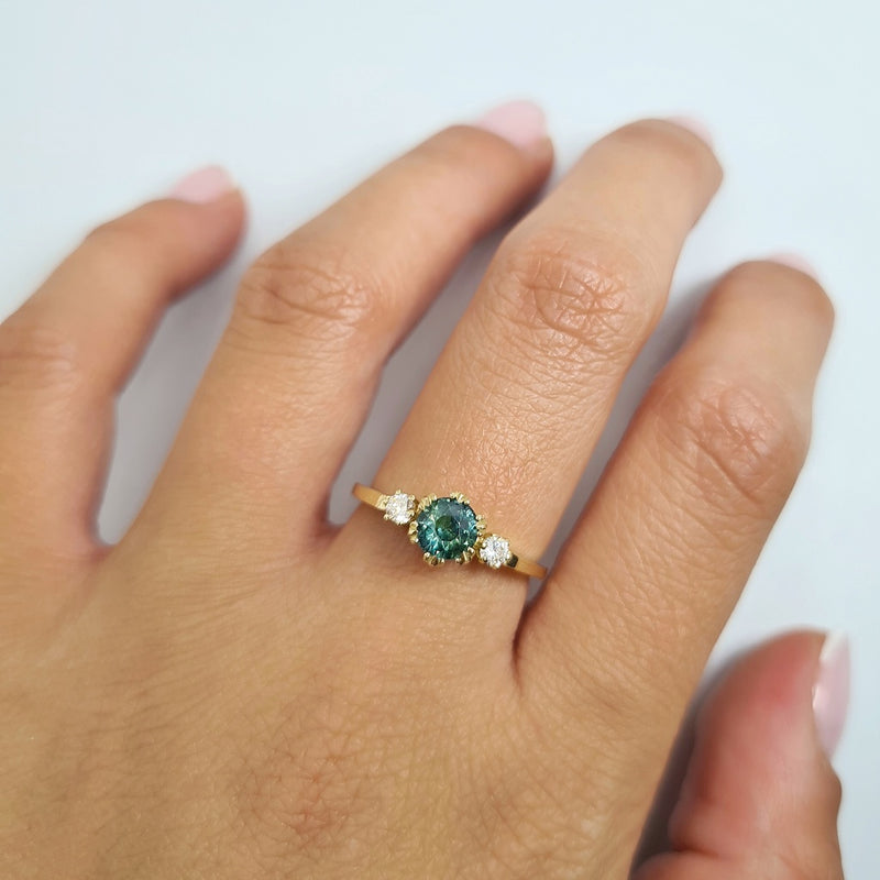 3-Stone Blue & Green Teal Sapphire Ring
