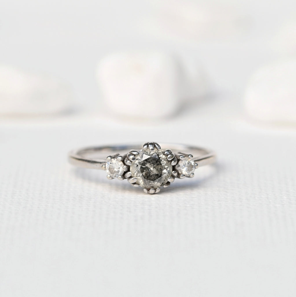 Round Salt & Pepper Diamond Ring in 3-Stone Setting | MOGGA – MOGGA Jewels