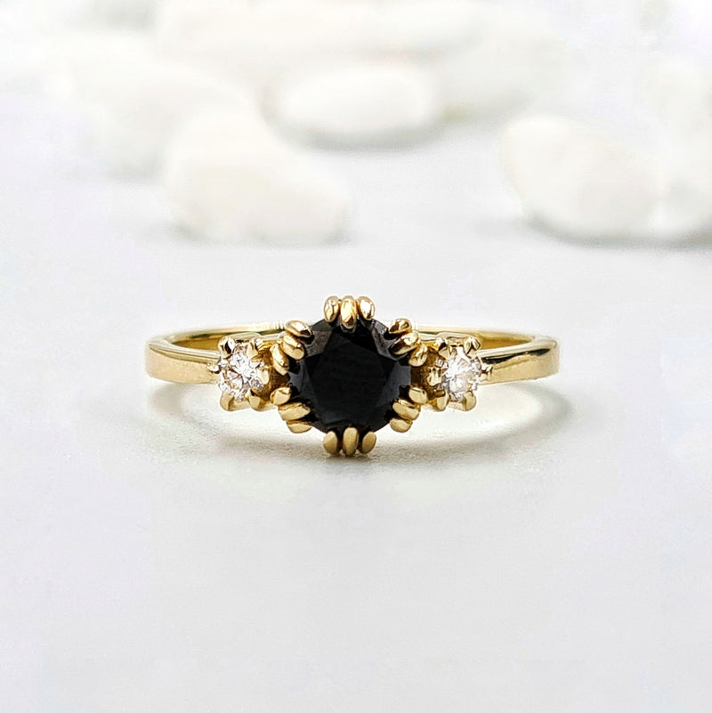 0.7ct Round Black Diamond Ring in 14k White Gold 3-Stone Setting