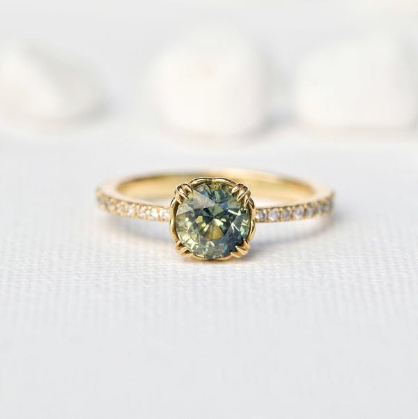 1.6ct Round Yellowish & Green Sapphire Solitaire Ring in 14k Yellow Gold Pave Setting