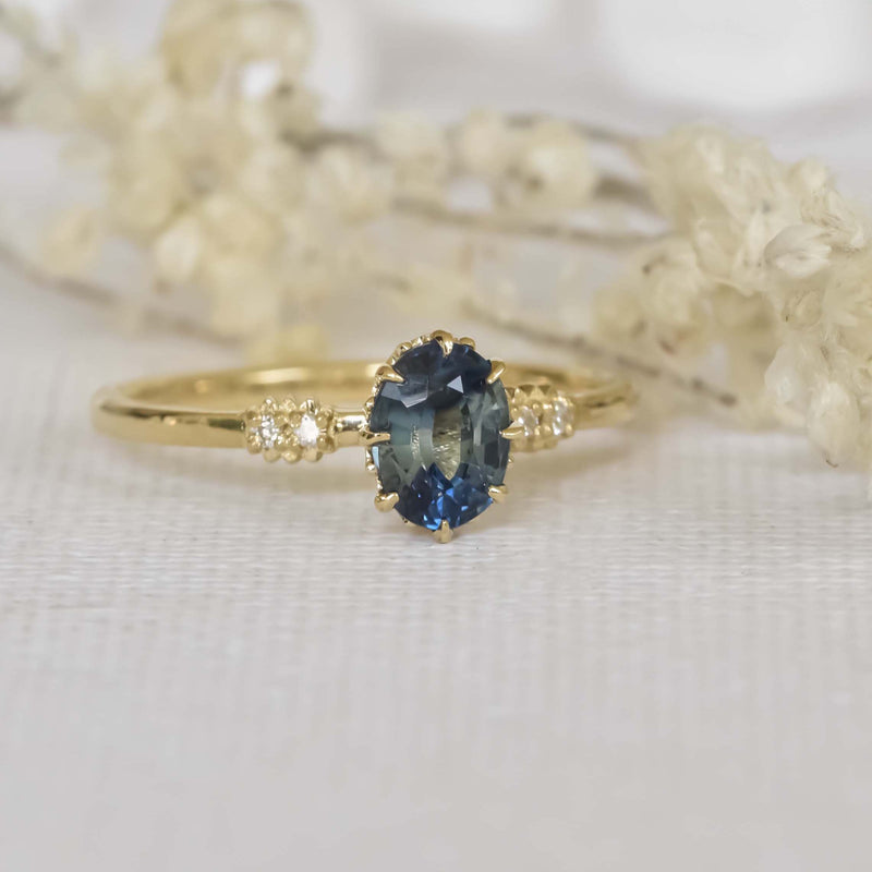 Yellowish Blue Oval Sapphire Ring
